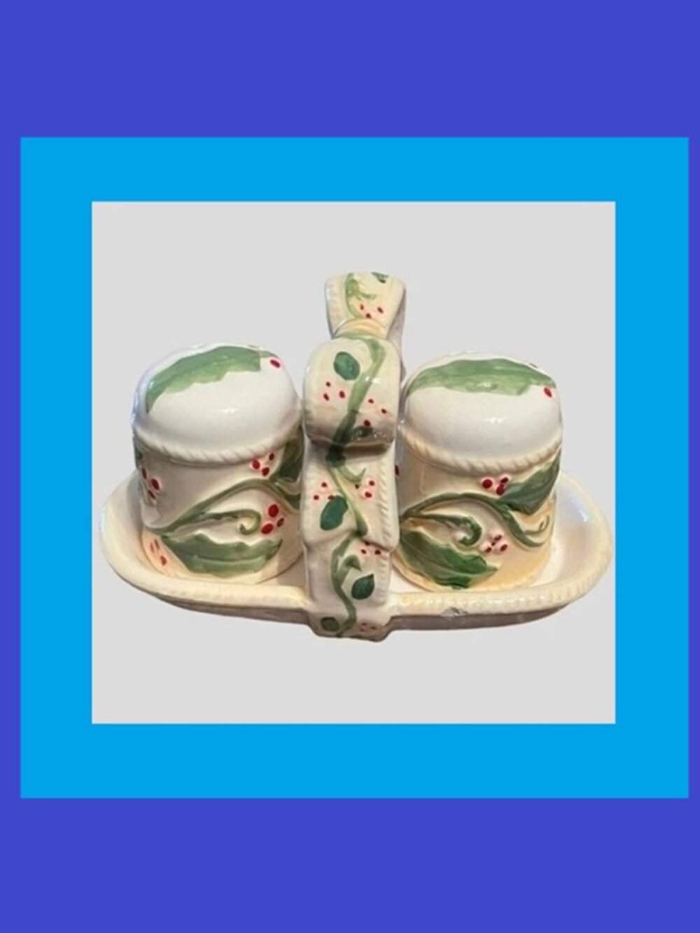 Elegant Holly Salt & Pepper with Rack 3pc Set 5 3/4" wide by 3 1/4" tall 60039